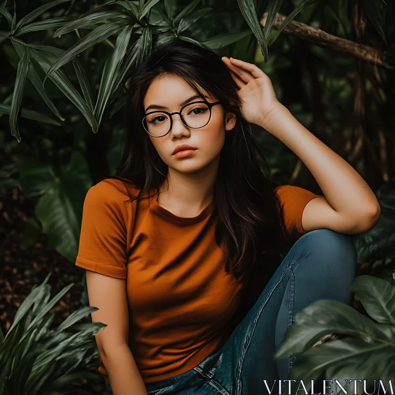 Pensive Woman Among Lush Greens AI Image