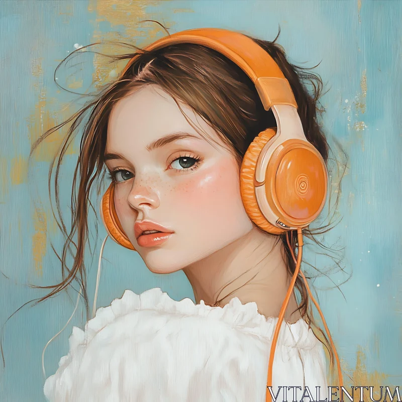 Painting of a Freckled Girl with Headphones AI Image