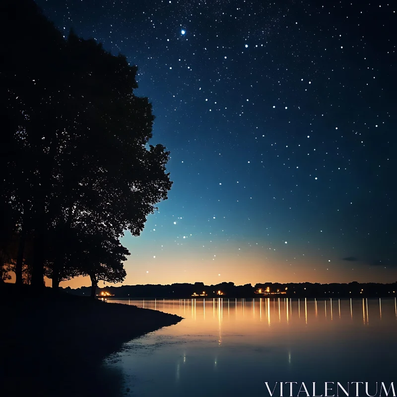 Peaceful Night by the Lake with a Starry Sky AI Image