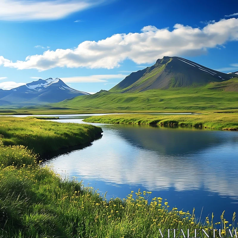 Tranquil River with Mountain Backdrop AI Image