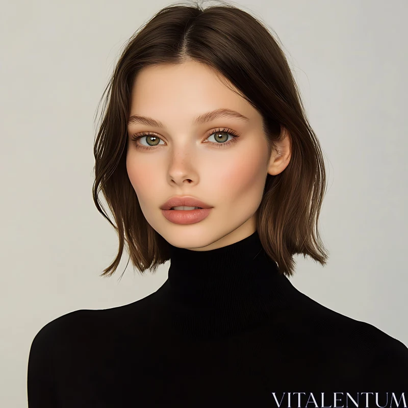 Stylish Woman with Green Eyes in Black Turtleneck AI Image