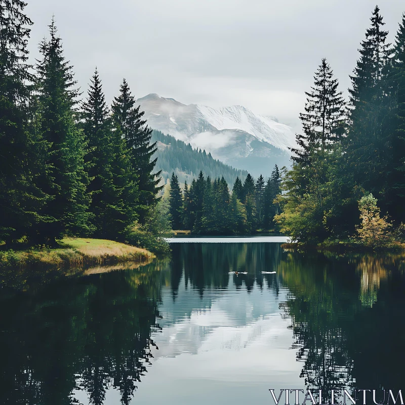 Peaceful Alpine Lake with Snowy Mountain AI Image