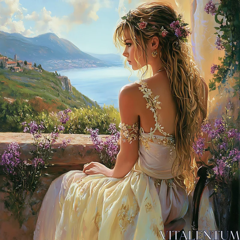 AI ART Graceful Lady in White Dress with Scenic Backdrop