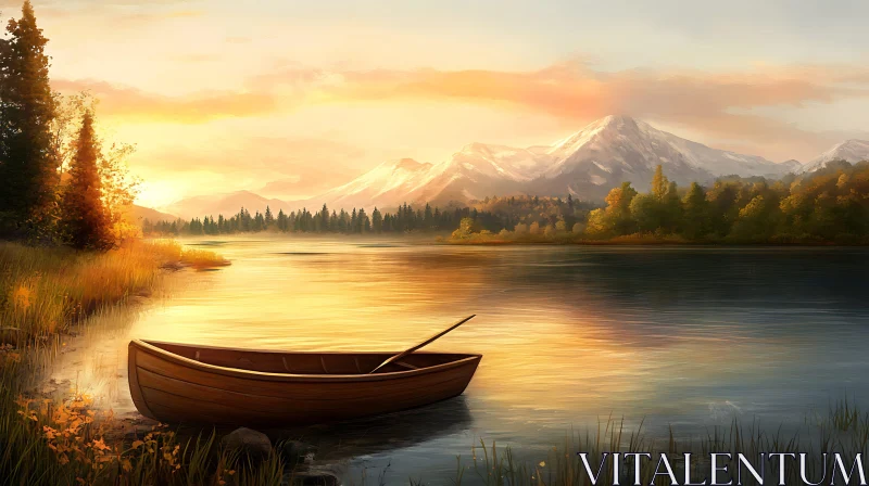 Tranquil Sunset by the Lake with a Wooden Boat AI Image