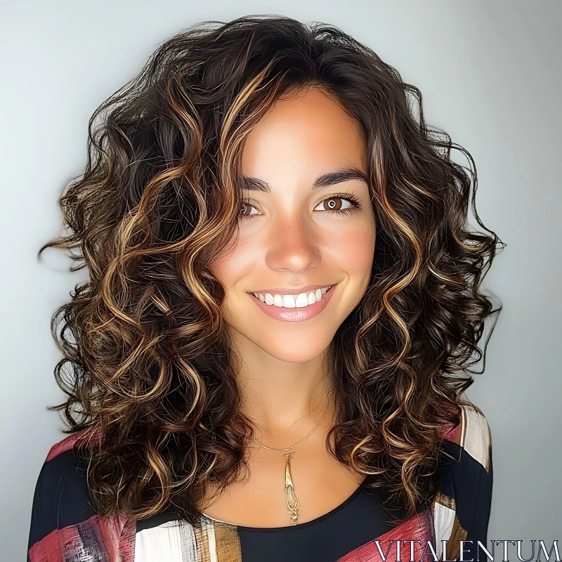 Smiling Woman with Curly Hair and Natural Glow AI Image