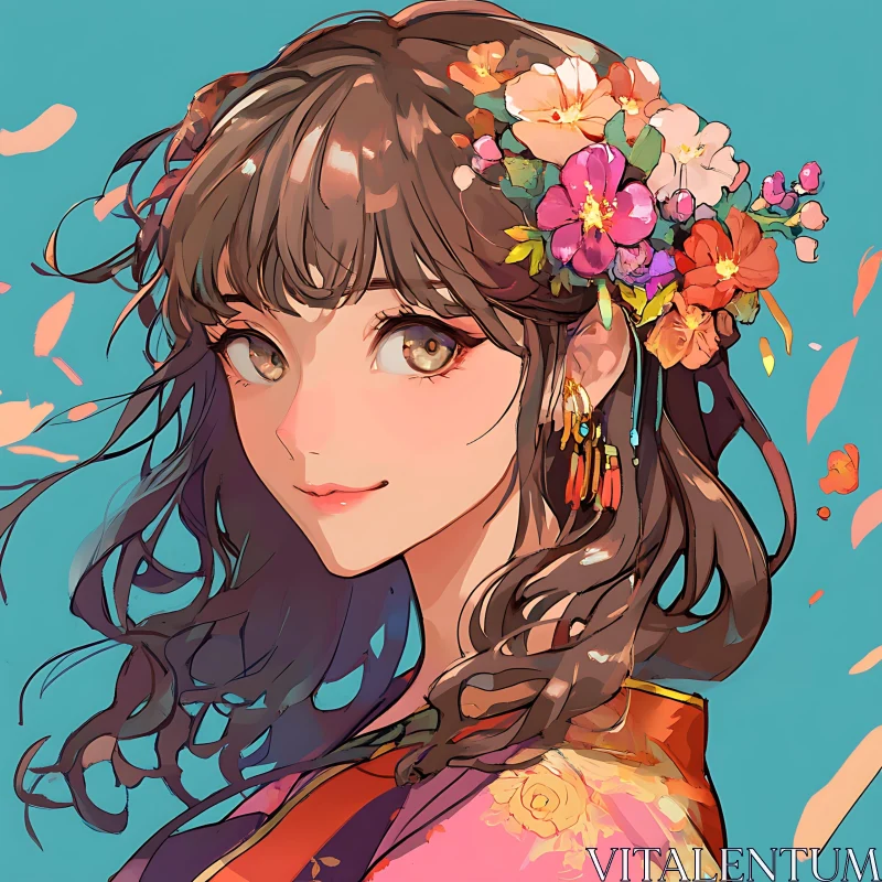 Vibrant Anime Girl with Flower-Crowned Hair AI Image