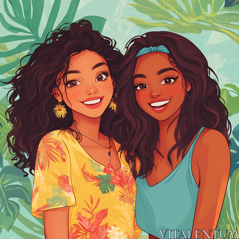 Cheerful Friends in Tropical Setting AI Image