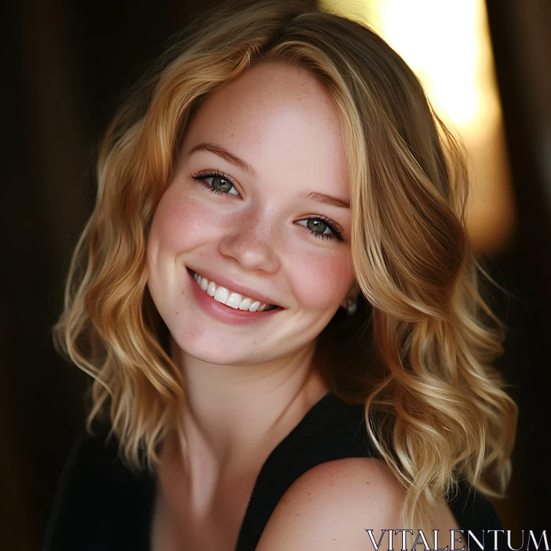 Joyful Young Woman with Blonde Hair and Freckles AI Image