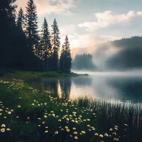 Sunrise Over Foggy Lake with Forest and Meadow