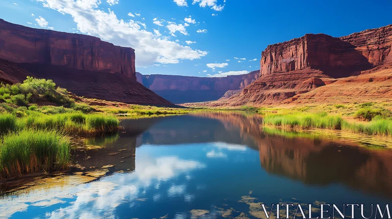 Tranquil Canyon with Reflective Water and Red Rock Cliffs AI Image