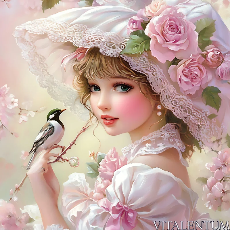 Charming Lady with Bird and Blossoms AI Image