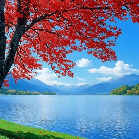 Tranquil Blue Lake with Red Leaves and Mountain Views