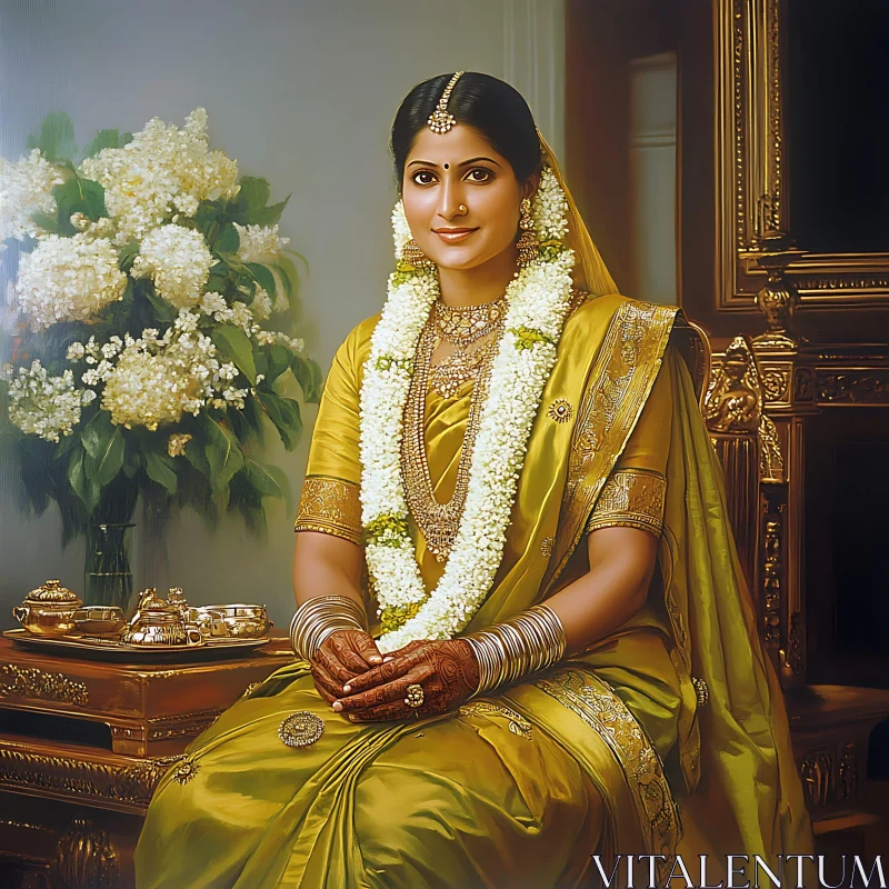 Elegant Woman in Traditional Saree with Floral Garland AI Image