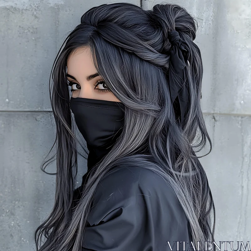 Intriguing Woman Portrait with Dark Hair and Mask AI Image