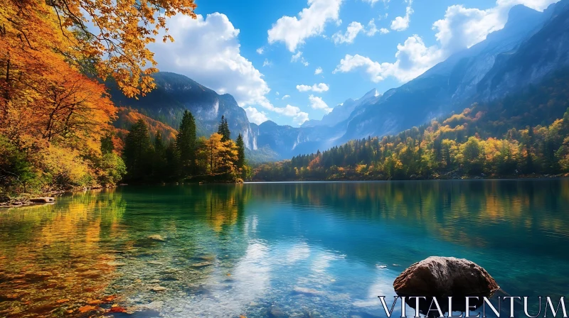 Peaceful Lake Surrounded by Autumn Foliage and Mountains AI Image