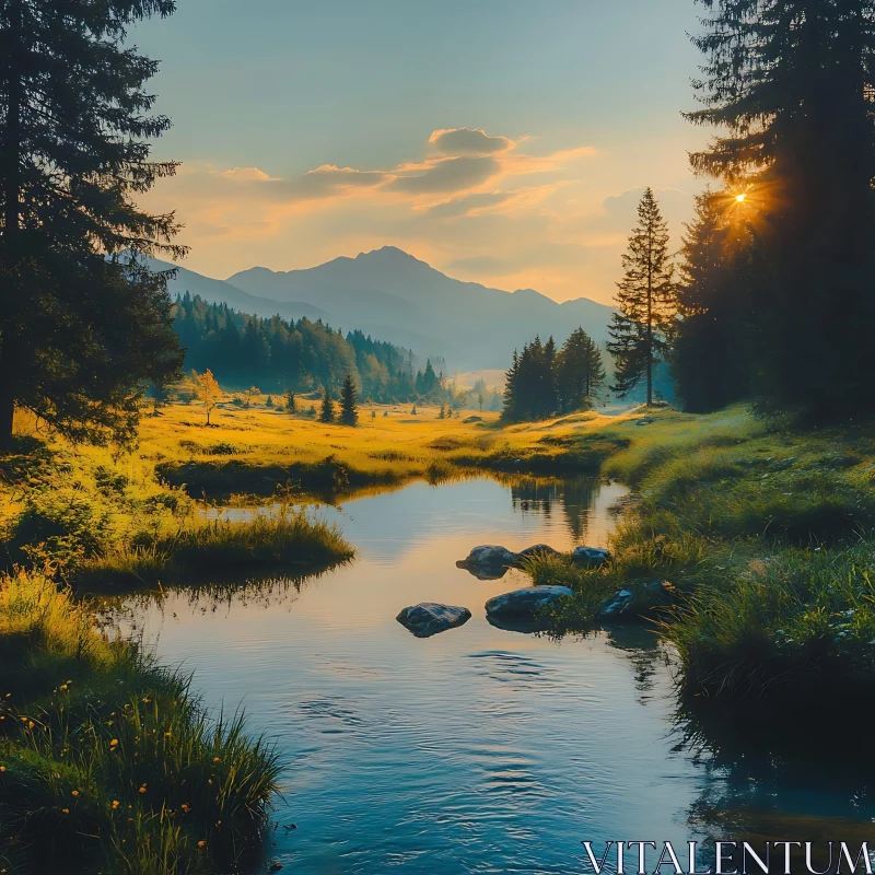 Idyllic Sunset Over a Serene River Valley AI Image