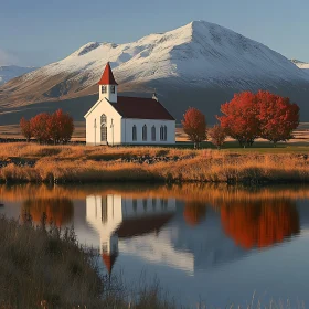 Tranquil Landscape with Church and Snow-Capped Mountains