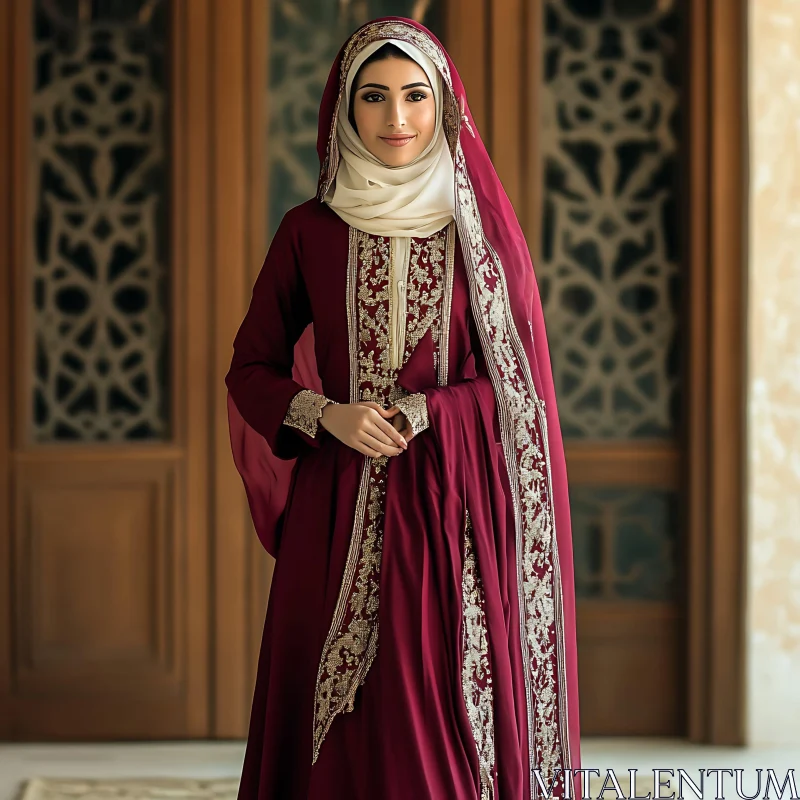 Graceful Woman in Maroon Traditional Dress AI Image