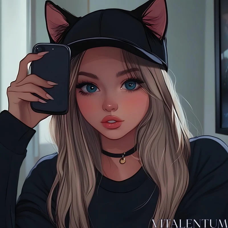 Anime Character with Cat Ear Cap AI Image