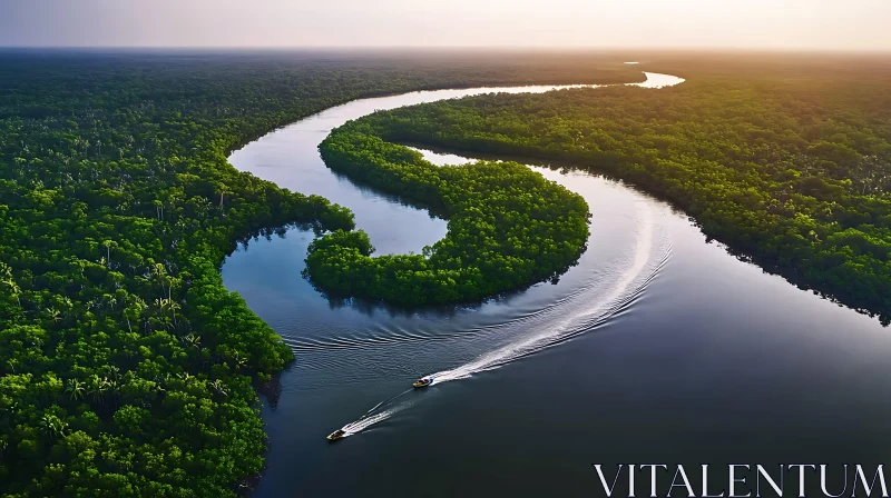 Serpentine River in Lush Green Jungle AI Image