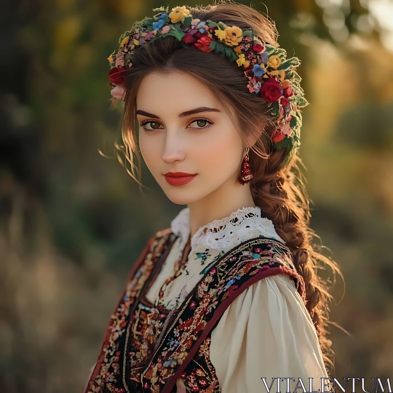 Young Woman in Traditional Costume with Floral Headpiece AI Image