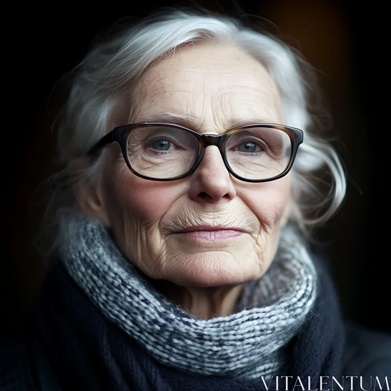 Elderly Woman with Grey Hair and Knitted Scarf AI Image