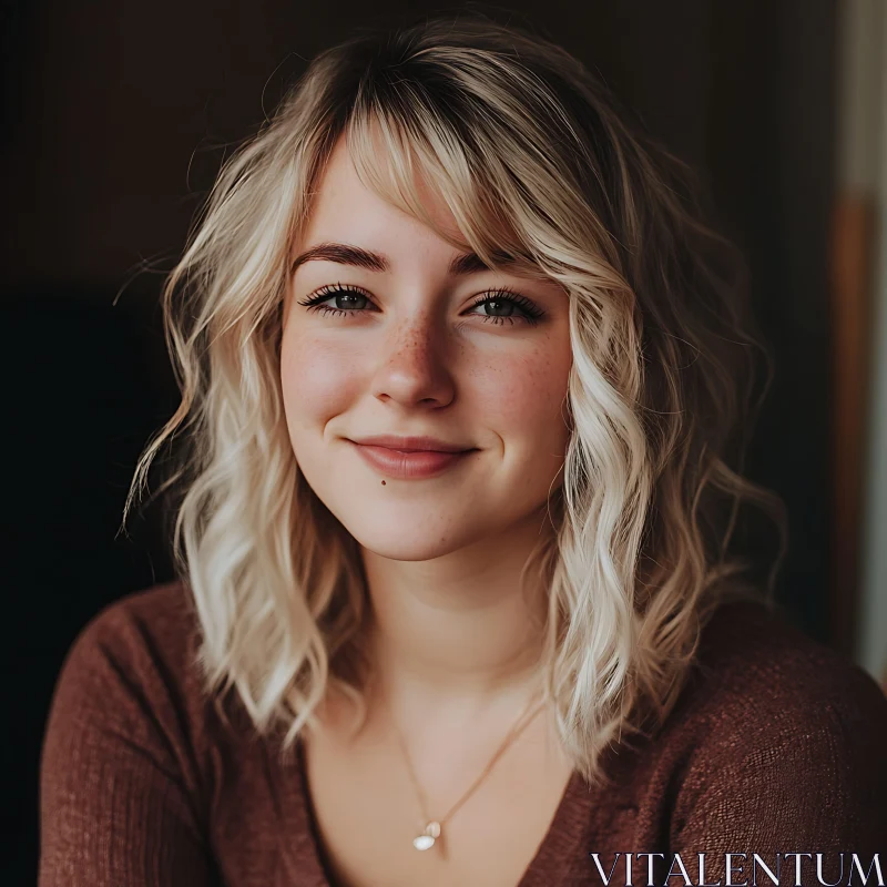 Smiling Blonde Woman with Freckles Portrait AI Image