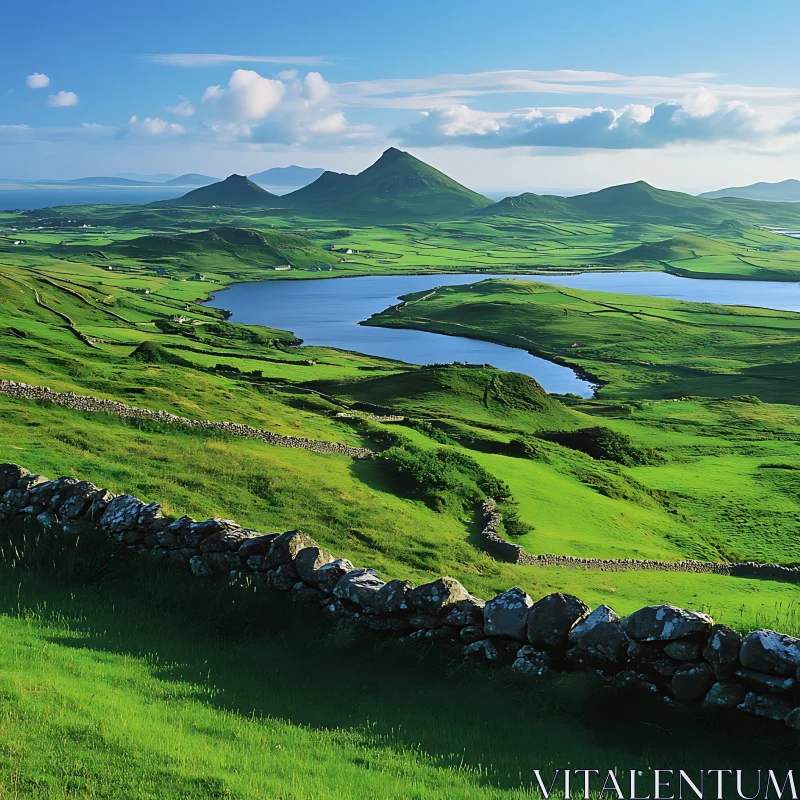 Picturesque Green Fields with Mountains and Lake AI Image