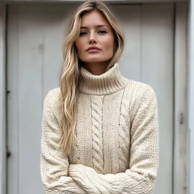 Cozy Blonde Woman in Knit Turtleneck Sweater