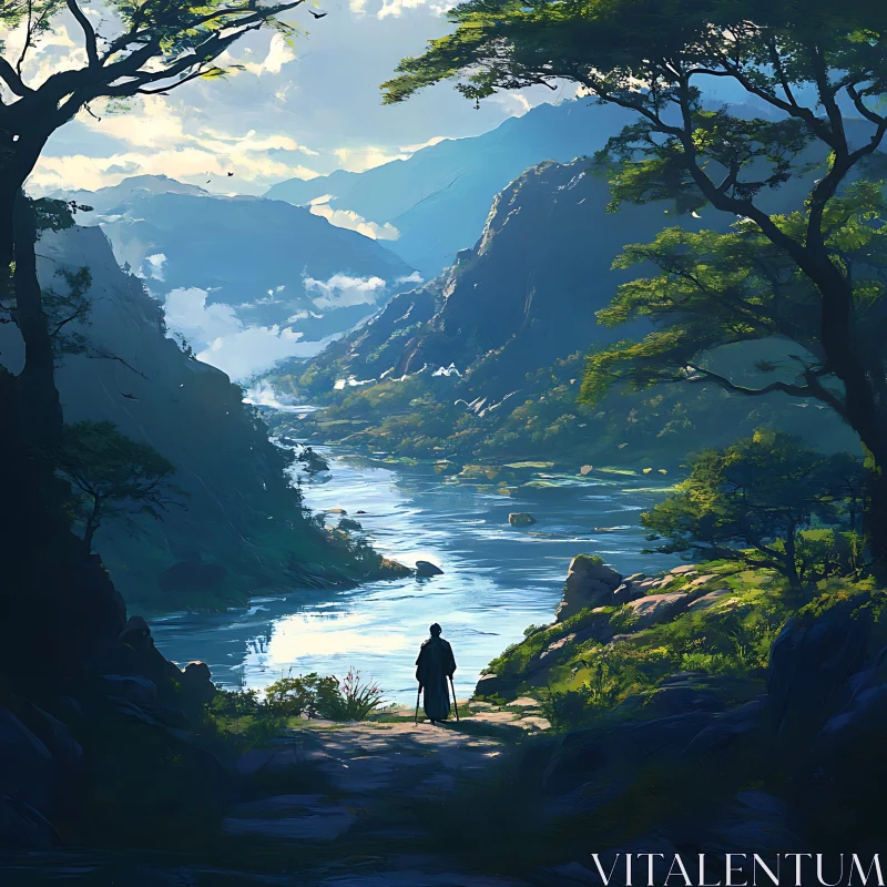 AI ART Tranquil River Valley and Mountain Landscape