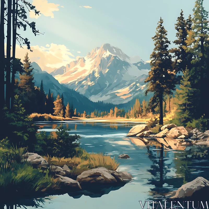 AI ART Peaceful Mountain Landscape with Reflective Lake