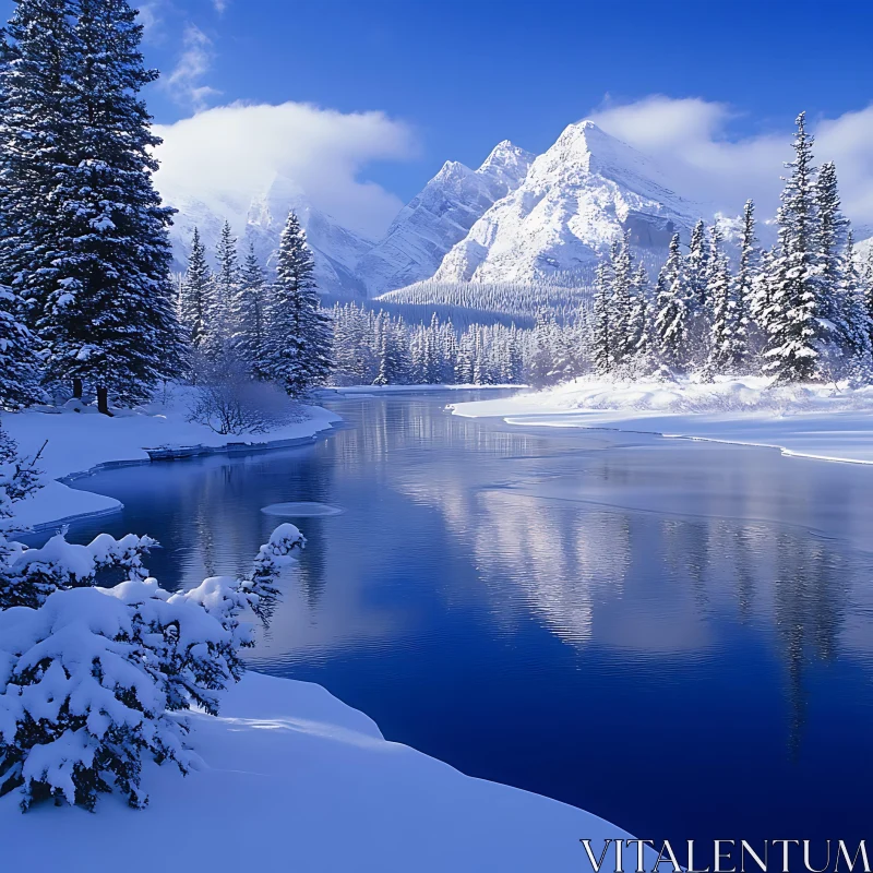 Winter Wonderland with Majestic Mountains and Tranquil River AI Image