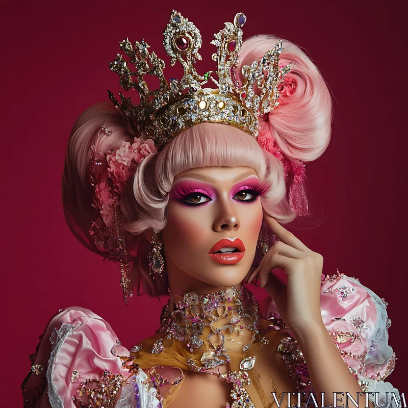 Regal Fashion Model in Pink with Elaborate Crown AI Image