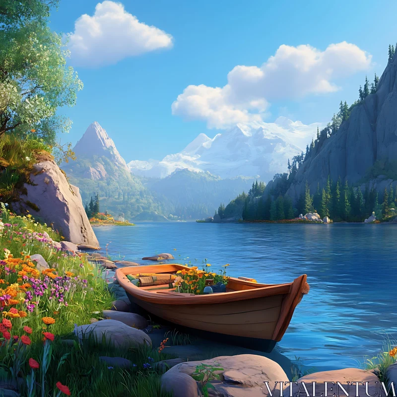 Serene Landscape of Lake with Boat and Mountains AI Image