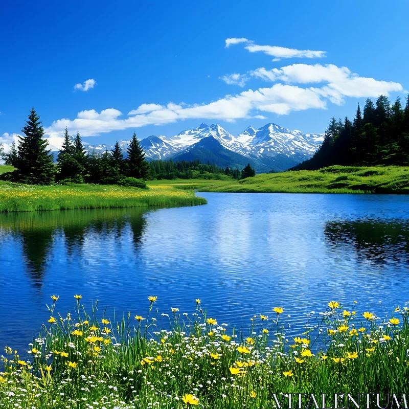 Peaceful Lake with Mountain View AI Image