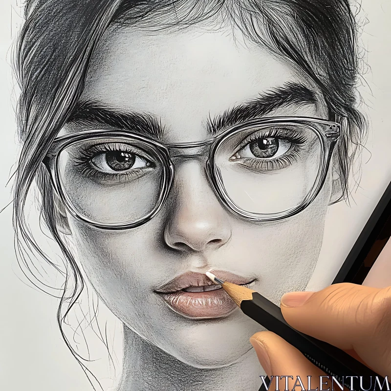 Realistic Pencil Portrait of Woman with Glasses AI Image