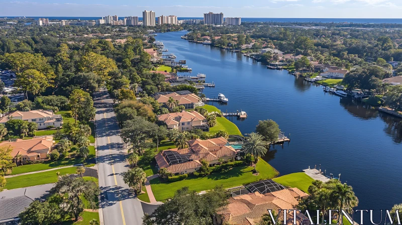 Suburban Housing and Waterway from Above AI Image