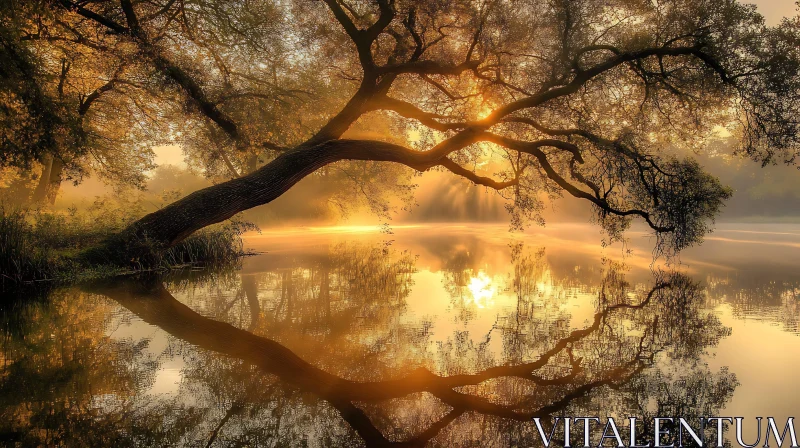 Golden Light Through Misty Trees AI Image