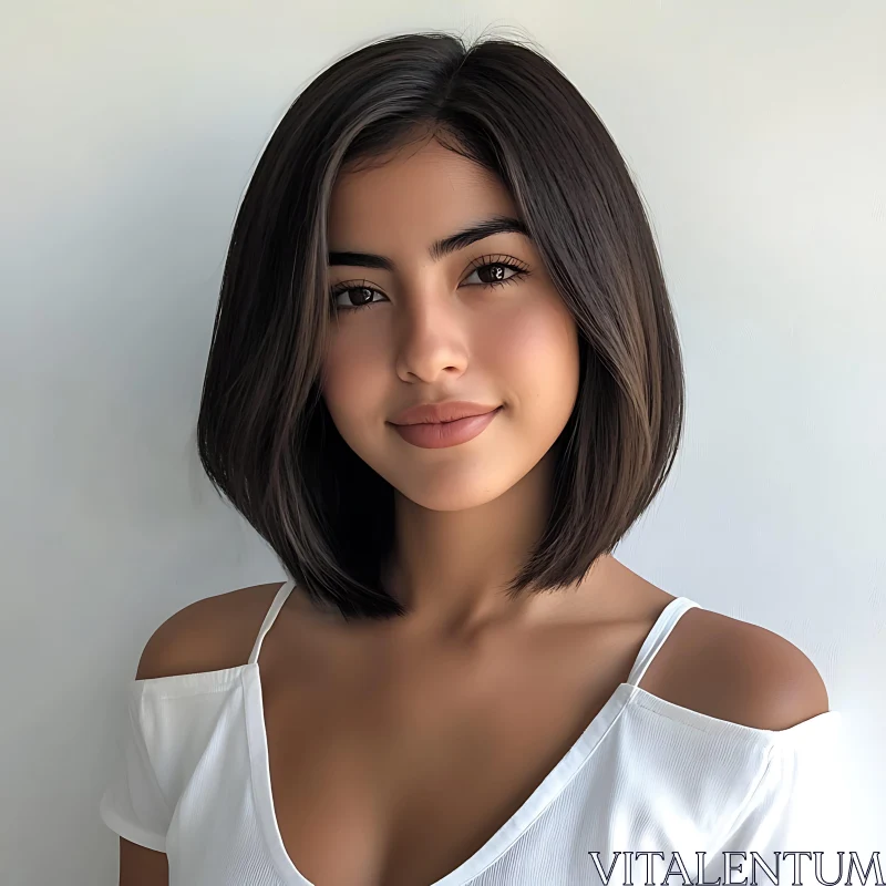 Charming Portrait of a Woman with Dark Bob Haircut AI Image