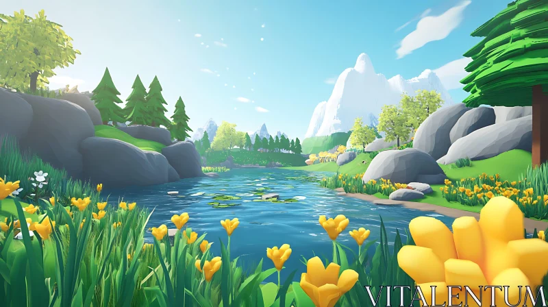 AI ART Flowering Meadows by a Tranquil River with Majestic Mountains