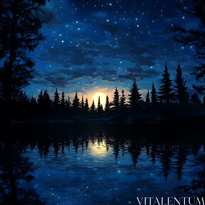 Starry Night with Moonlit Lake and Pine Tree Silhouettes AI Image