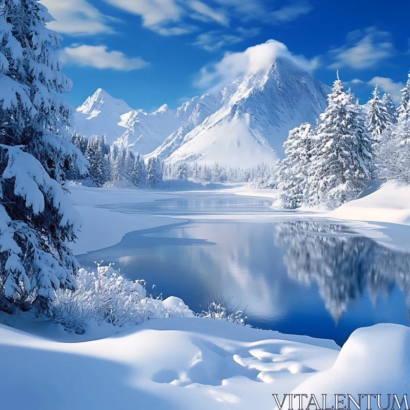 Snow-Covered Mountains Reflecting in Calm Lake AI Image