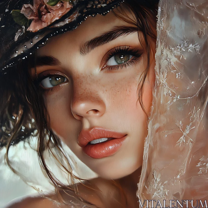 Elegant Female Portrait Close-Up with Flower Hat AI Image