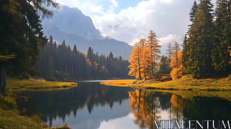 Tranquil Lake Amongst Autumnal Splendor AI Image