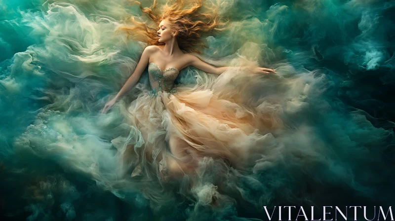 Ethereal Floating Woman in Flowing Gown AI Image