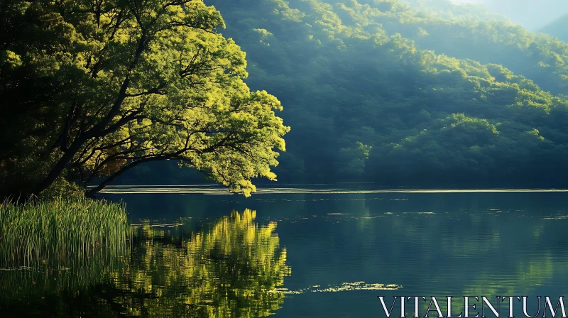 Tranquil Nature Scene by a Lake AI Image