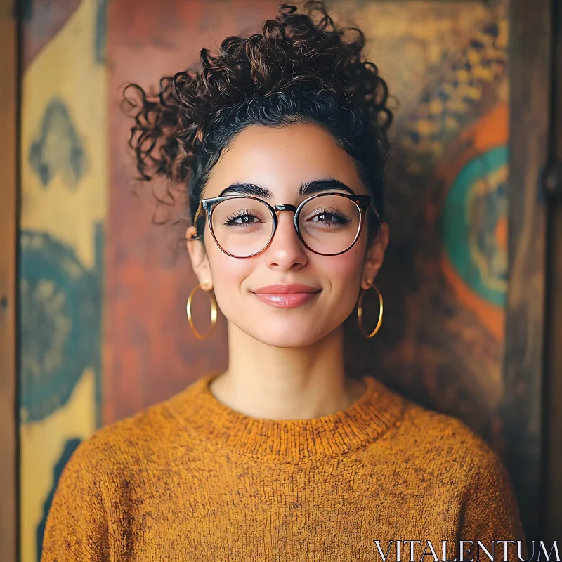 Curly Haired Woman Wearing Glasses and Hoop Earrings AI Image