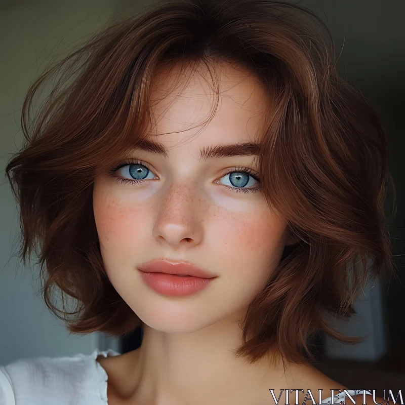 Young Woman with Blue Eyes and Wavy Brown Hair AI Image