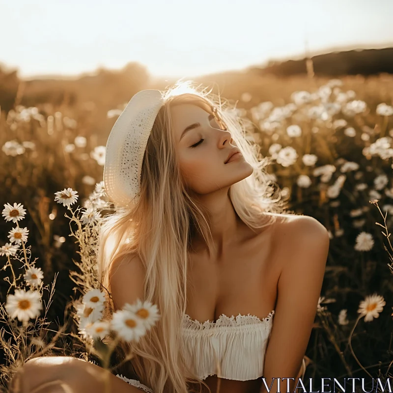 Tranquil Woman in White with Sun Hat in Flower Field AI Image