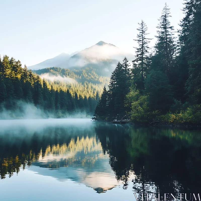 Peaceful Lake with Mist and Mountain Reflection AI Image